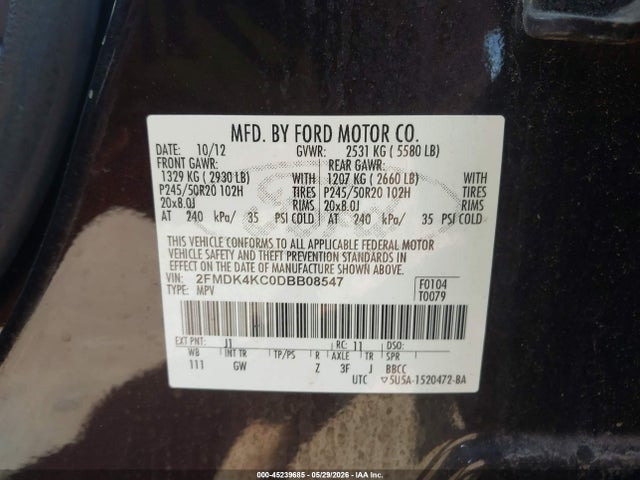 Продаж на аукціоні авто 2013 Ford Edge Limited, vin: 2FMDK4KC0DBB08547, номер лоту: 45239685