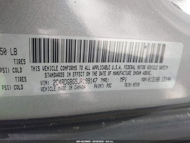 45239690 :رقم المزاد ، 2C4RDGBG5JR199147 vin ، 2018 Dodge Grand Caravan Se Plus مزاد بيع