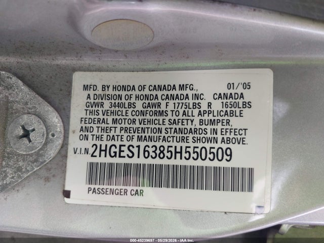 45239697 :رقم المزاد ، 2HGES16385H550509 vin ، 2005 Honda Civic Vp مزاد بيع