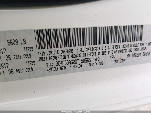 Aukcja sprzedaży 2016 Dodge Journey Se, vin: 3C4PDDAG2GT150565, numer aukcji: 45239706