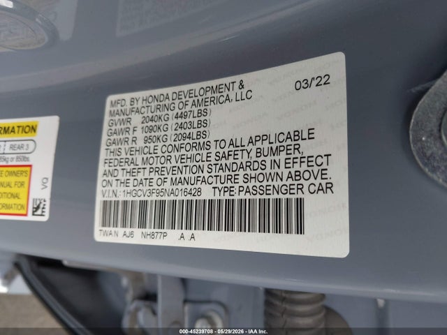 1HGCV3F95NA016428 Honda Accord Hybrid Touring