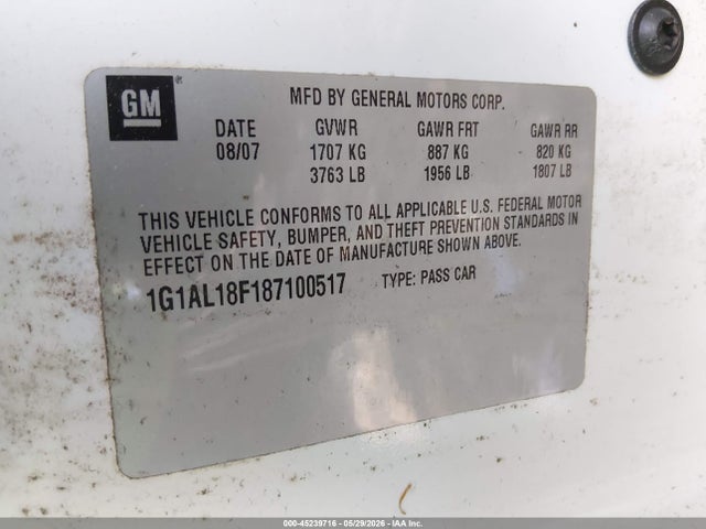 Aukcja sprzedaży 2008 Chevrolet Cobalt Lt, vin: 1G1AL18F187100517, numer aukcji: 45239716
