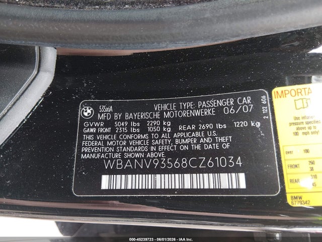 2008 Bmw 535xi მანქანა იყიდება აუქციონზე, vin: WBANV93568CZ61034, აუქციონის ნომერი: 45239723