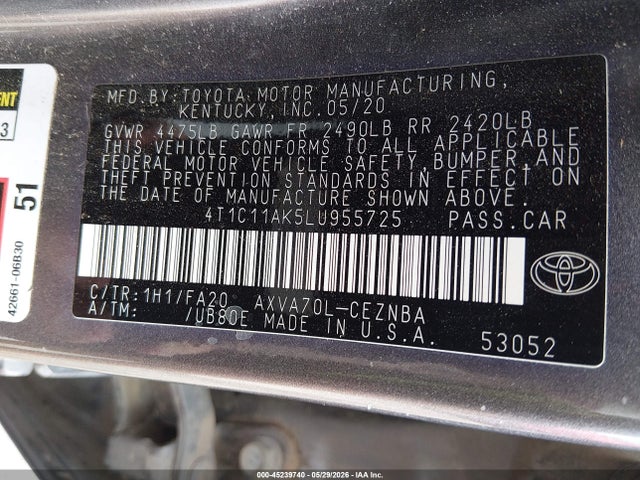 45239740 :رقم المزاد ، 4T1C11AK5LU955725 vin ، 2020 Toyota Camry Le مزاد بيع