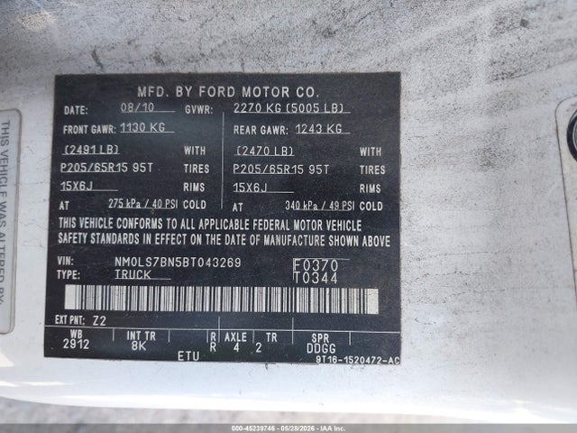 45239746 :رقم المزاد ، NM0LS7BN5BT043269 vin ، 2011 Ford Transit Connect Xlt مزاد بيع