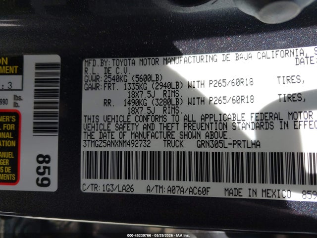 Aukcja sprzedaży 2022 Toyota Tacoma Limited, vin: 3TMGZ5ANXNM492732, numer aukcji: 45239766