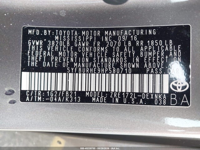 45239785 :رقم المزاد ، 5YFBURHE9HP580710 vin ، 2017 Toyota Corolla Le مزاد بيع