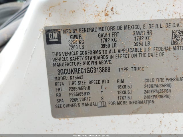 Aukcja sprzedaży 2016 Chevrolet Silverado 1500 2lt, vin: 3GCUKREC1GG313888, numer aukcji: 45239793