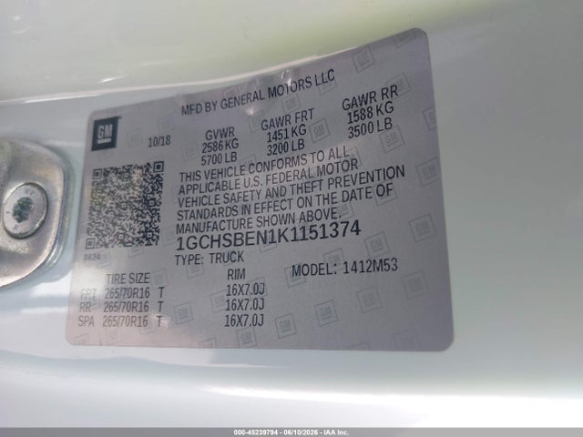 Chevrolet Colorado Wt 2019 1GCHSBEN1K1151374 Image 9