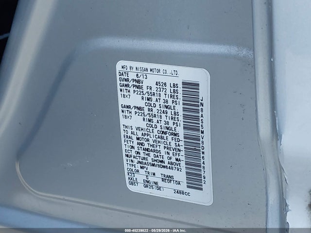 Aukcja sprzedaży 2013 Nissan Rogue Sv W/sl Pkg, vin: JN8AS5MV8DW648792, numer aukcji: 45239822