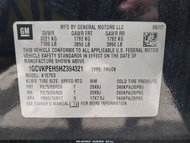 Продаж на аукціоні авто 2017 Chevrolet Silverado 1500 Custom, vin: 1GCVKPEH5HZ394321, номер лоту: 45239832