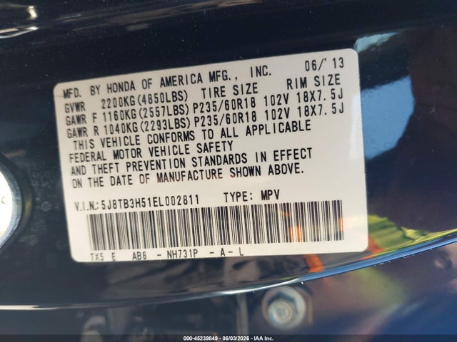 Auction sale of the 2014 Acura Rdx, vin: 5J8TB3H51EL002811, lot number: 45239849