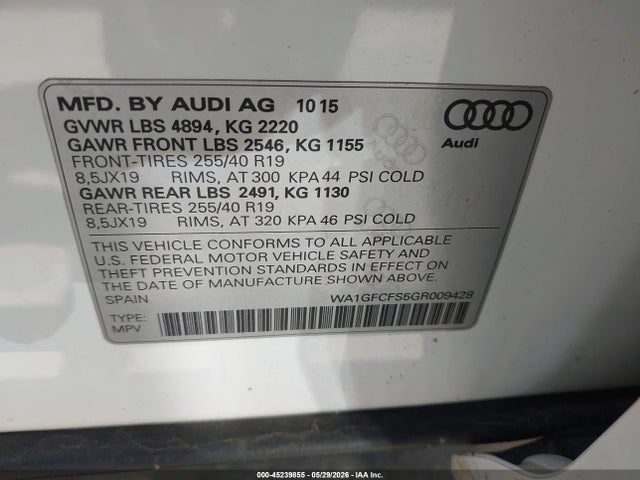 Aukcja sprzedaży 2016 Audi Q3 2.0t Premium Plus, vin: WA1GFCFS5GR009428, numer aukcji: 45239855