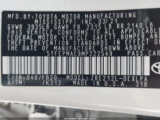 2021 Toyota Corolla Le მანქანა იყიდება აუქციონზე, vin: 5YFEPMAE9MP222549, აუქციონის ნომერი: 45239864
