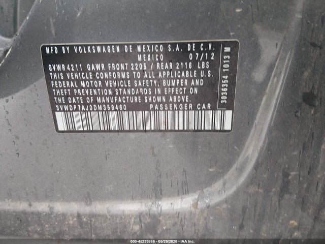 Продажа на аукционе авто 2013 Volkswagen Jetta 2.5l Se, vin: 3VWDP7AJ0DM359460, номер лота: 45239866