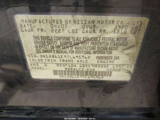 Aukcja sprzedaży 2007 Nissan Sentra 2.0, vin: 3N1AB61E97L691962, numer aukcji: 45239891