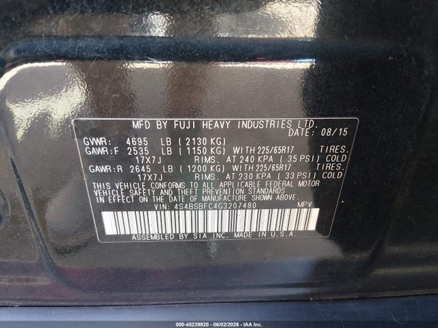 2016 Subaru Outback 2.5i Premium მანქანა იყიდება აუქციონზე, vin: 4S4BSBFC4G3207480, აუქციონის ნომერი: 45239920
