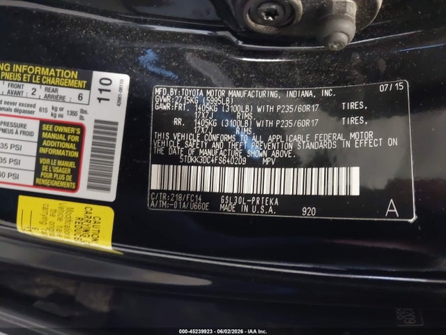 45239923 :رقم المزاد ، 5TDKK3DC4FS640209 vin ، 2015 Toyota Sienna Le 8 Passenger مزاد بيع