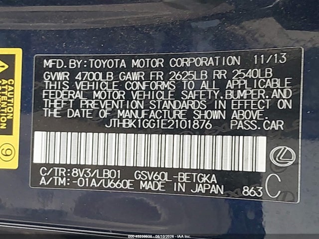 Aukcja sprzedaży 2014 Lexus Es 350, vin: JTHBK1GG1E2101876, numer aukcji: 45239938