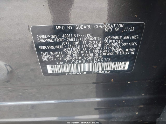 Aukcja sprzedaży 2024 Subaru Forester Sport, vin: JF2SKAGC3RH455255, numer aukcji: 45239944