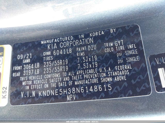 Auction sale of the 2022 Kia Carnival Mpv Sx, vin: KNDNE5H38N6148615, lot number: 45239957