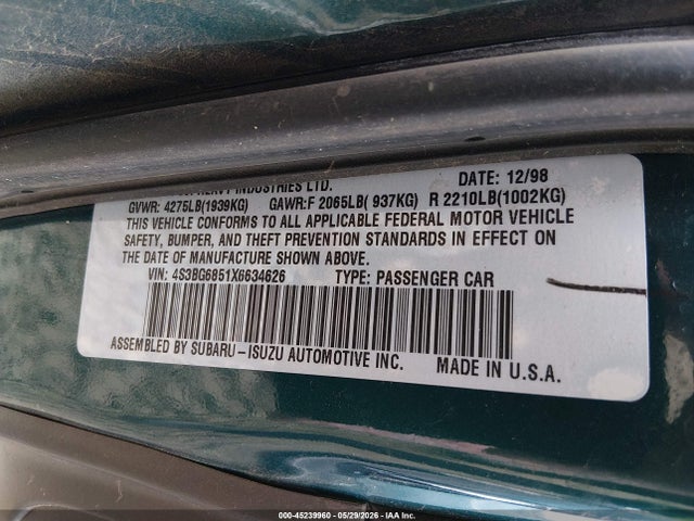 45239960 :رقم المزاد ، 4S3BG6851X6634626 vin ، 1999 Subaru Legacy 30th Ann. Outback Ltd./outback مزاد بيع