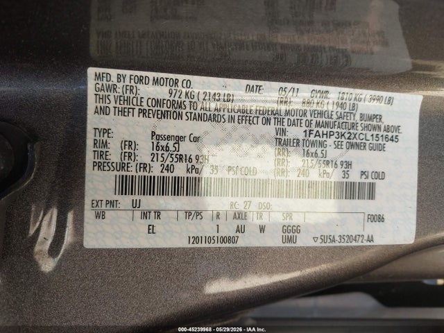 45239968 :رقم المزاد ، 1FAHP3K2XCL151645 vin ، 2012 Ford Focus Se مزاد بيع