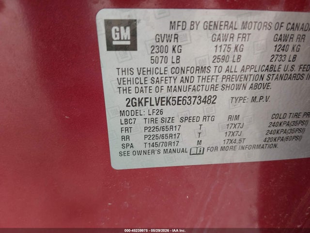 45239975 :رقم المزاد ، 2GKFLVEK5E6373482 vin ، 2014 Gmc Terrain Sle-1 مزاد بيع