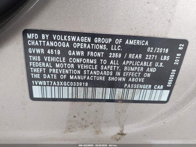 Продаж на аукціоні авто 2016 Volkswagen Passat 1.8t Se, vin: 1VWBT7A3XGC033918, номер лоту: 45239985