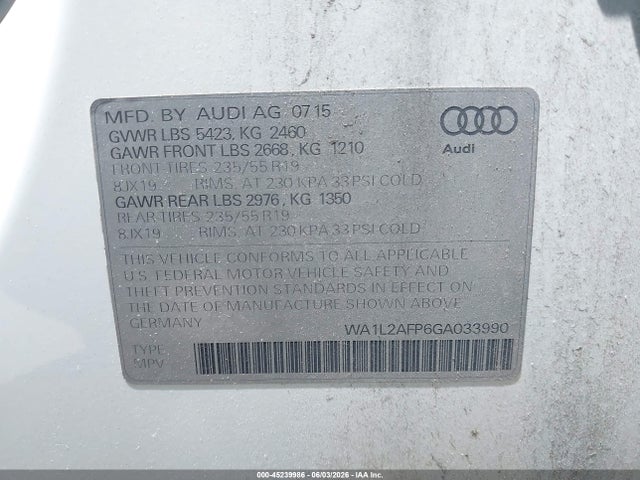 Продаж на аукціоні авто 2016 Audi Q5 2.0t Premium, vin: WA1L2AFP6GA033990, номер лоту: 45239986