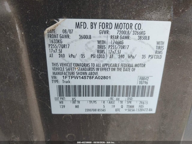 Продаж на аукціоні авто 2008 Ford F-150 60th Anniversary/fx4/king Ranch/lariat/limited/xlt, vin: 1FTPW14578FA02801, номер лоту: 45239999