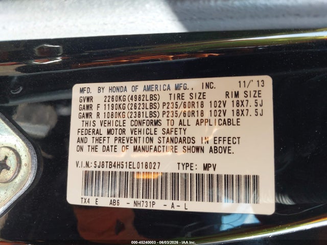 45240003 :رقم المزاد ، 5J8TB4H51EL018027 vin ، 2014 Acura Rdx مزاد بيع