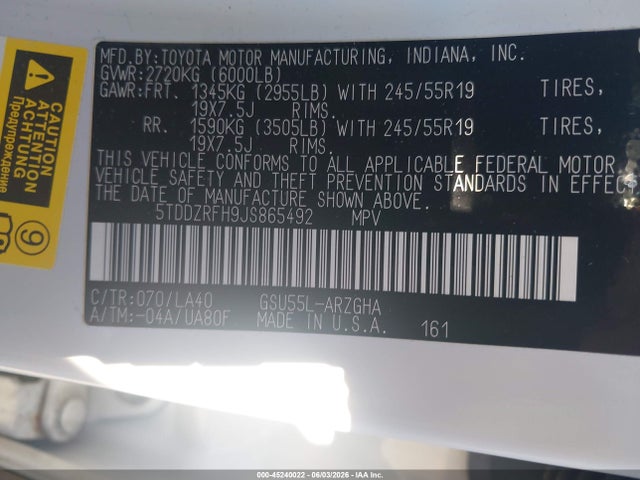 Продажа на аукционе авто 2018 Toyota Highlander Limited, vin: 5TDDZRFH9JS865492, номер лота: 45240022
