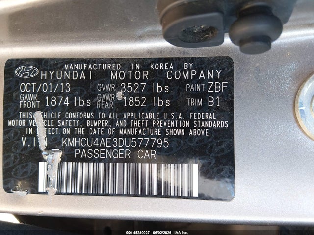 Aukcja sprzedaży 2013 Hyundai Accent Gls, vin: KMHCU4AE3DU577795, numer aukcji: 45240027