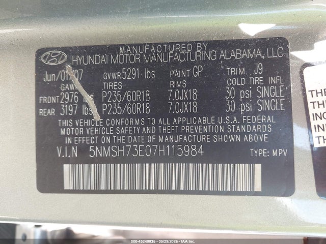 Продажа на аукционе авто 2007 Hyundai Santa Fe Limited/se, vin: 5NMSH73E07H115984, номер лота: 45240035