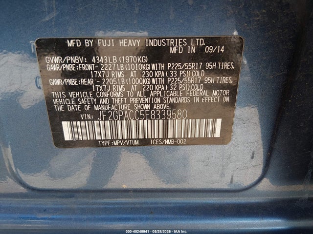 Продаж на аукціоні авто 2014 Subaru Xv Crosstrek 2.0i Premium, vin: JF2GPACC5E8339580, номер лоту: 45240041