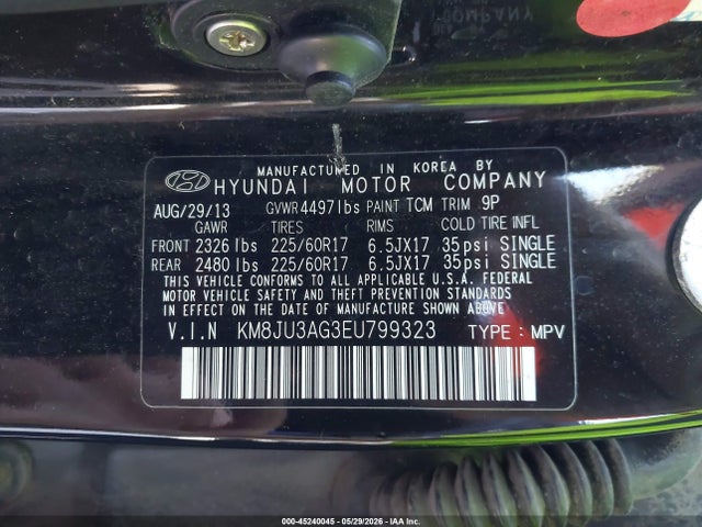 2014 Hyundai Tucson Se მანქანა იყიდება აუქციონზე, vin: KM8JU3AG3EU799323, აუქციონის ნომერი: 45240045
