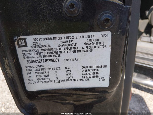 45240048 :رقم المزاد ، 3GNEC12T24G308581 vin ، 2004 Chevrolet Avalanche 1500 مزاد بيع