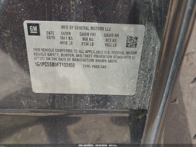 45240052 :رقم المزاد ، 1G1PC5SB9F7192450 vin ، 2015 Chevrolet Cruze 1lt Auto مزاد بيع