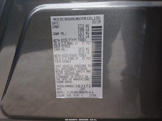 Aukcja sprzedaży 2019 Infiniti Qx60 Luxe, vin: 5N1DL0MM8KC563171, numer aukcji: 45240075
