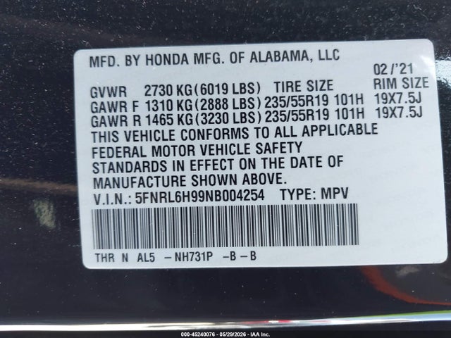 Aukcja sprzedaży 2022 Honda Odyssey Elite, vin: 5FNRL6H99NB004254, numer aukcji: 45240076
