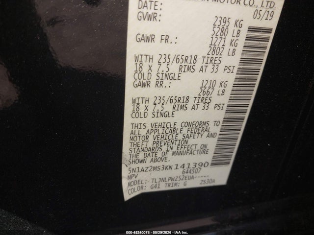 45240078 :رقم المزاد ، 5N1AZ2MS3KN141390 vin ، 2019 Nissan Murano S مزاد بيع