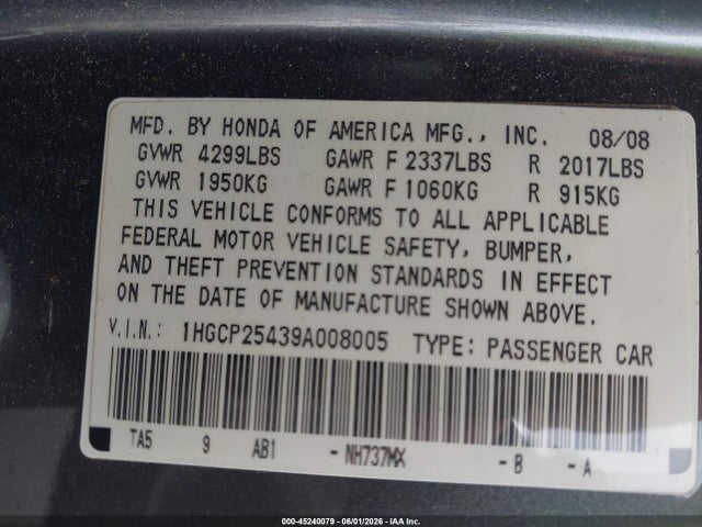 Продаж на аукціоні авто 2009 Honda Accord 2.4 Lx-p, vin: 1HGCP25439A008005, номер лоту: 45240079