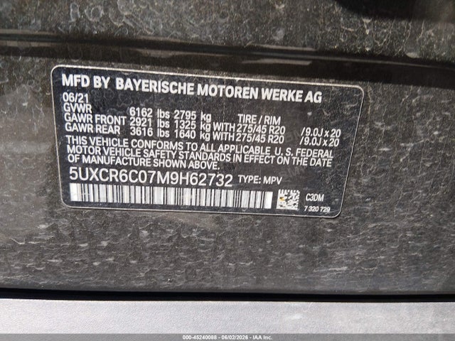 2021 Bmw X5 Xdrive40i მანქანა იყიდება აუქციონზე, vin: 5UXCR6C07M9H62732, აუქციონის ნომერი: 45240088