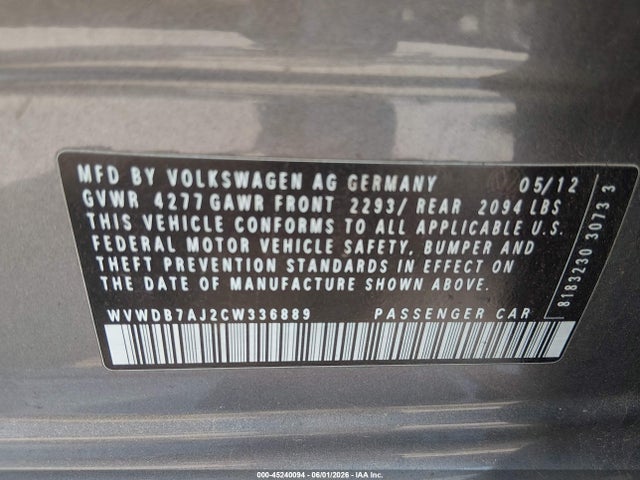 Aukcja sprzedaży 2012 Volkswagen Golf 2.5l 4-door, vin: WVWDB7AJ2CW336889, numer aukcji: 45240094