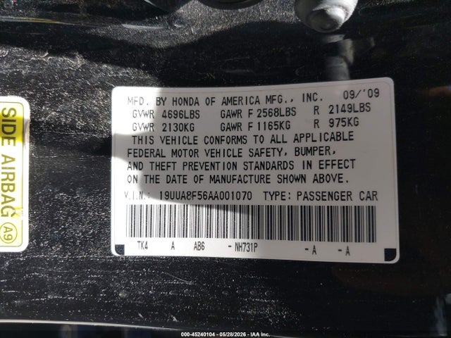 Aukcja sprzedaży 2010 Acura Tl 3.5, vin: 19UUA8F56AA001070, numer aukcji: 45240104