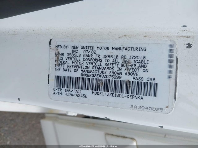 45240107 :رقم المزاد ، 1NXBR3HEX3D075099 vin ، 2003 Toyota Corolla مزاد بيع