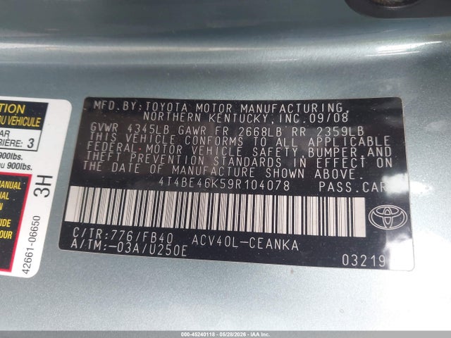 Aukcja sprzedaży 2009 Toyota Camry Le, vin: 4T4BE46K59R104078, numer aukcji: 45240118