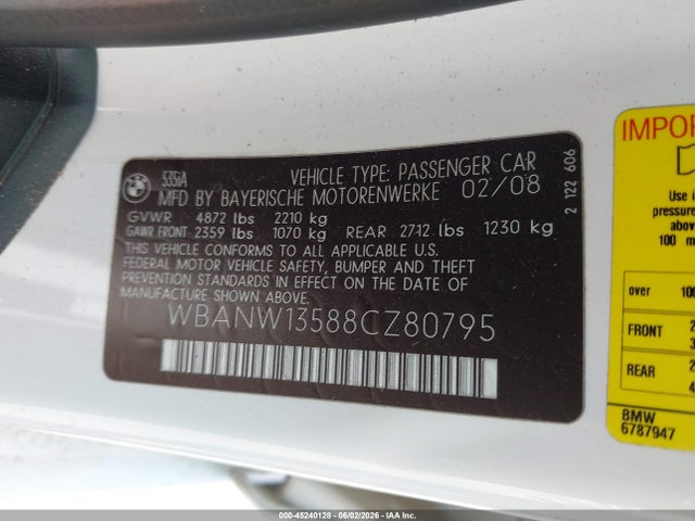 Aukcja sprzedaży 2008 Bmw 535i, vin: WBANW13588CZ80795, numer aukcji: 45240128