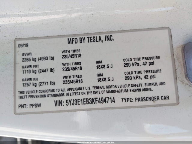 45240130 :رقم المزاد ، 5YJ3E1EB3KF494714 vin ، 2019 Tesla Model 3 Long Range/performance مزاد بيع